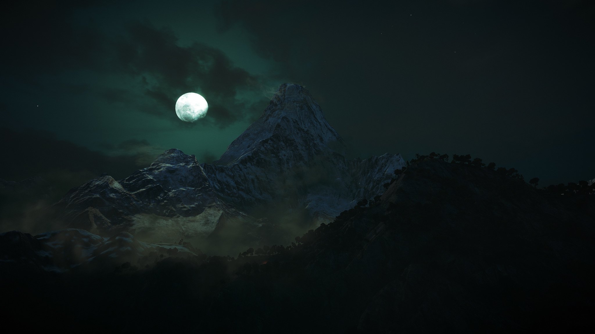 night mountain clouds tree moon rendering