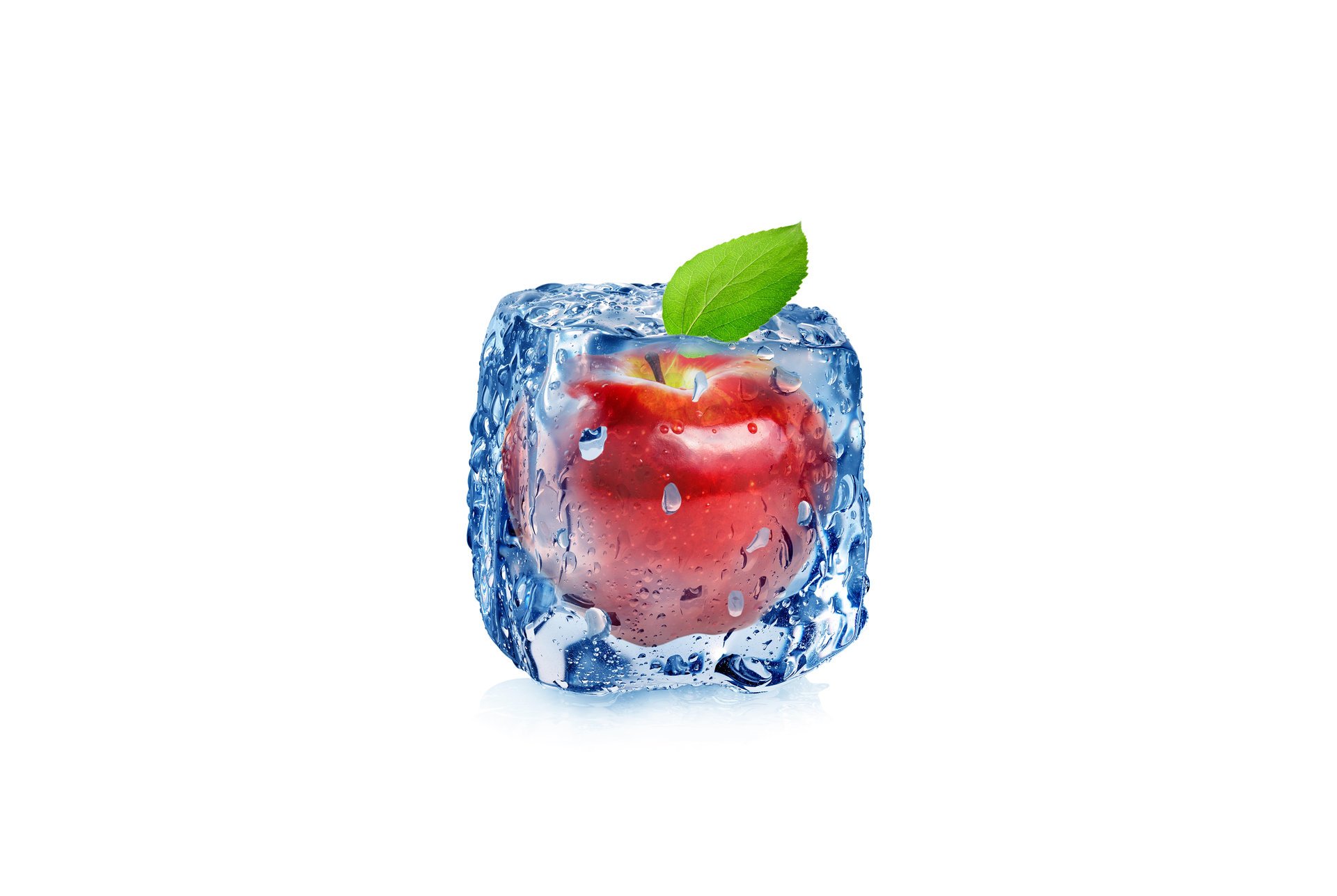 art apple frozen ice cube cube ice drops water water white background abstraction 3d wallpaper