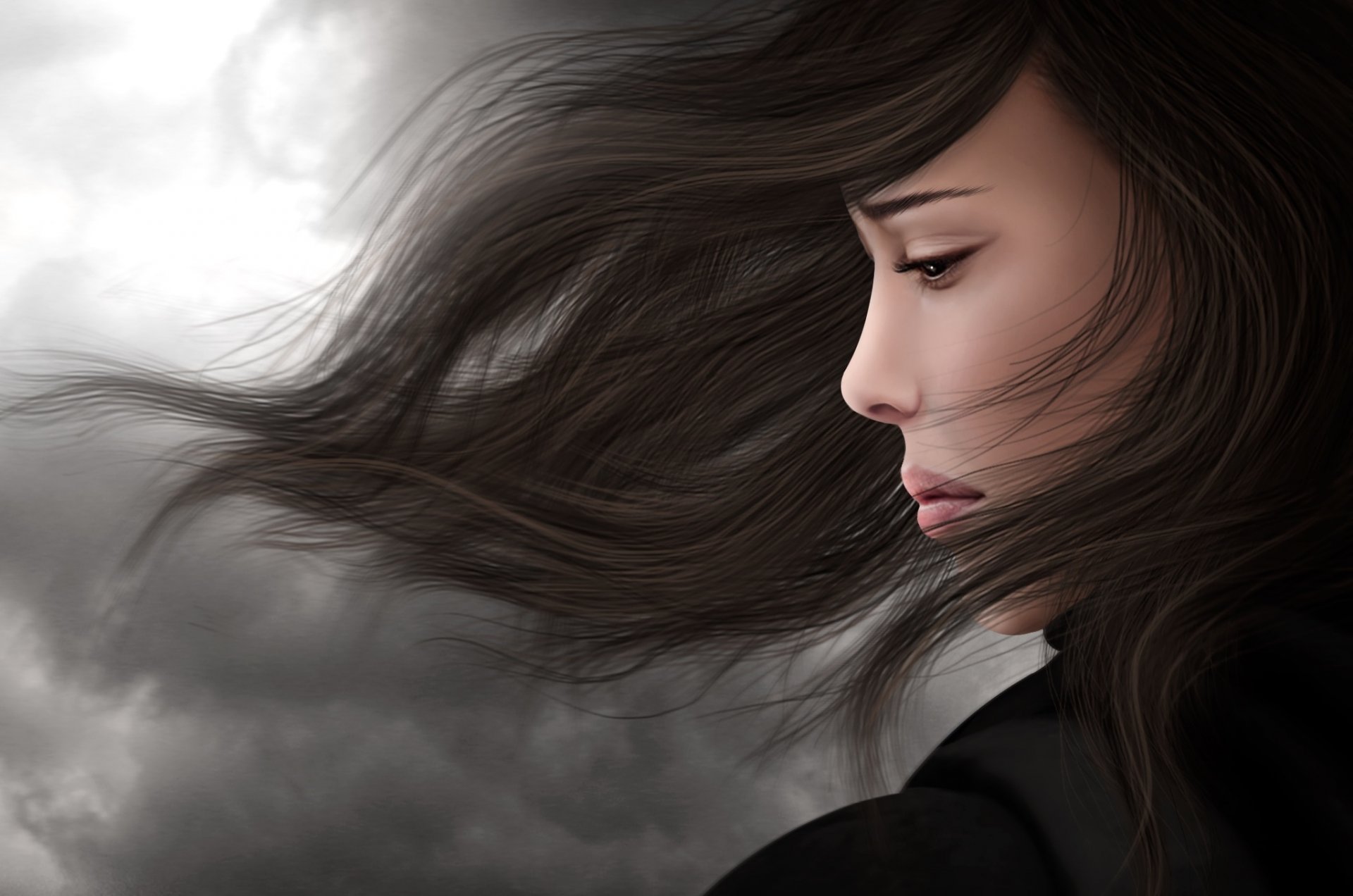 girl brunette hair wind profile sadness sadne