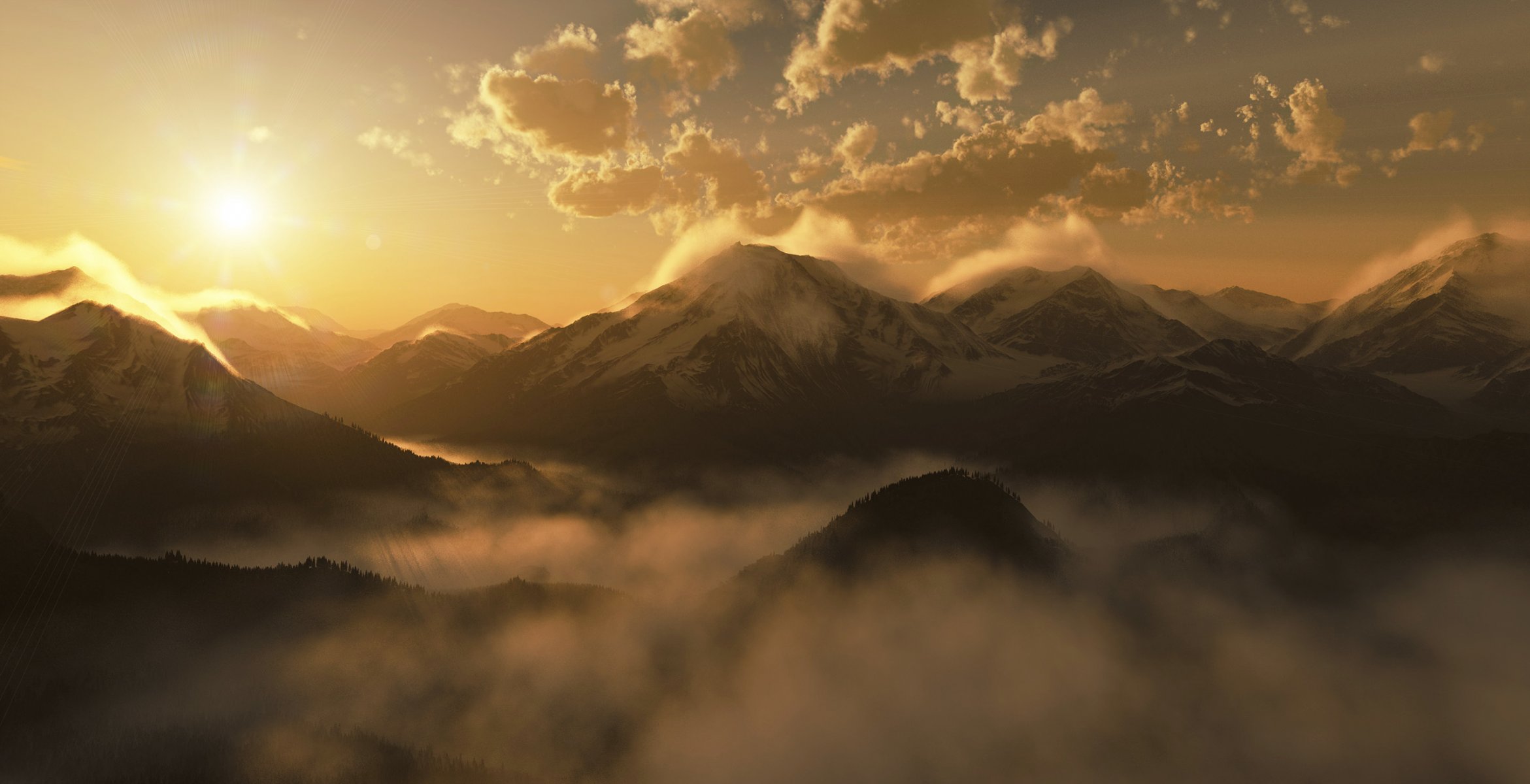 alba mattina montagne sole nuvole nebbia