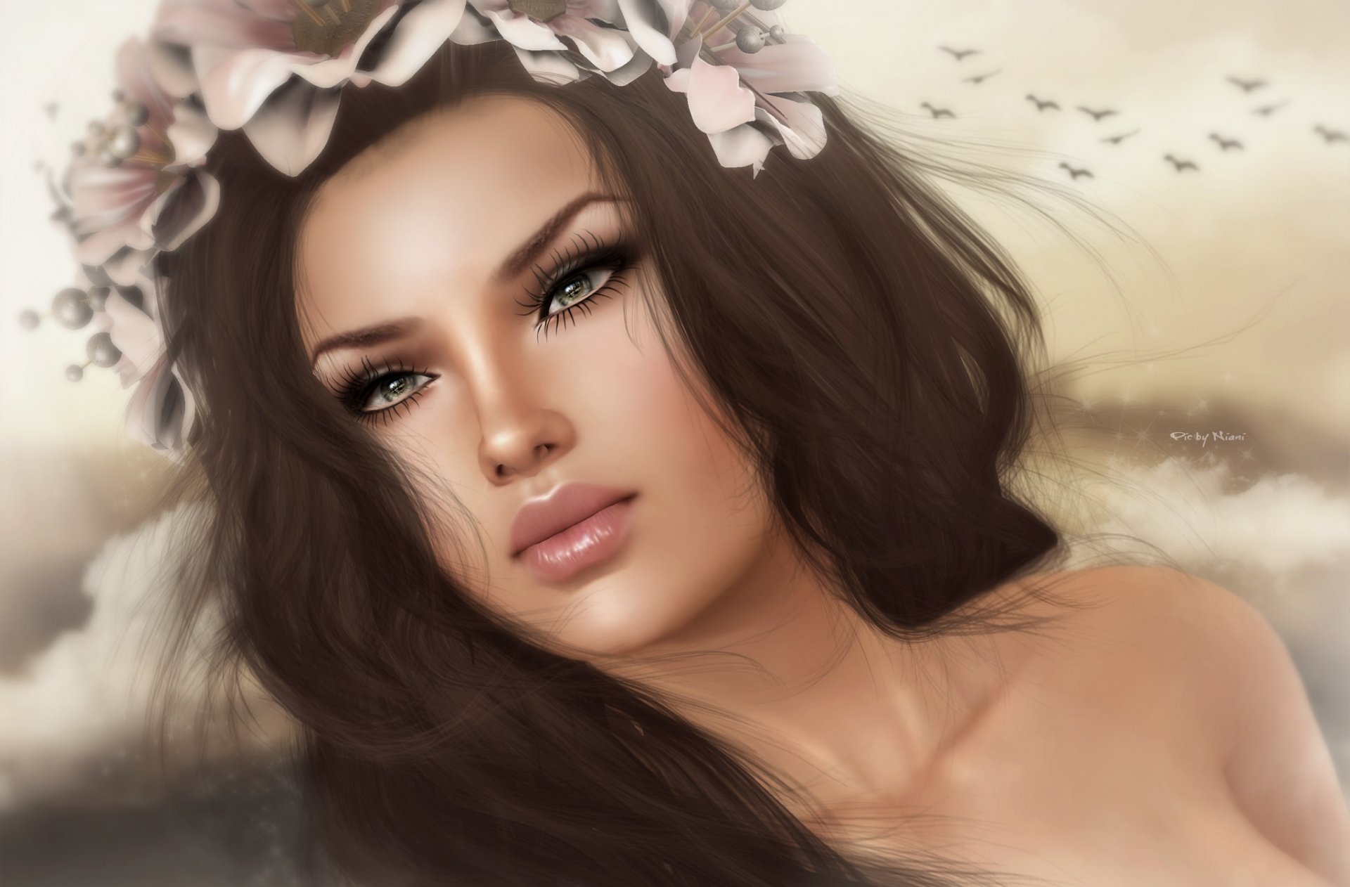 girl face portrait hair brunette wreath