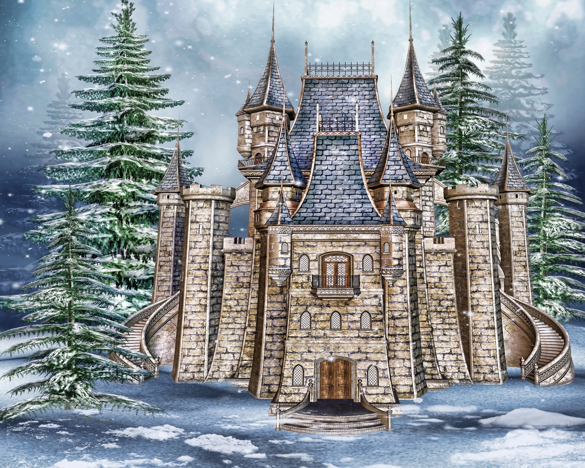 le château l hiver le sapin la neige la pierre les graphiques 3d la photo