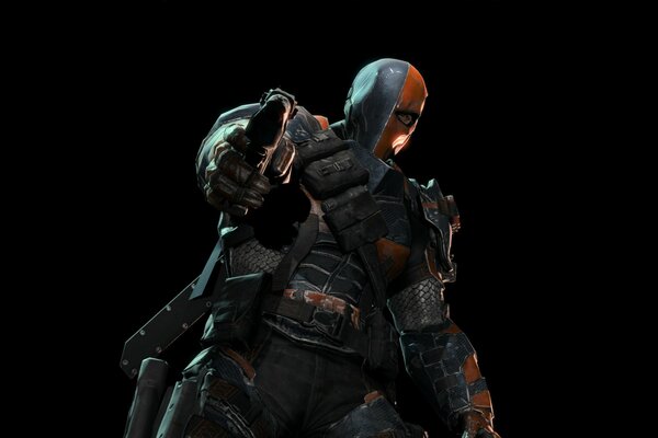 Deathstroke zielt mit einer Pistole auf schwarzem Hintergrund