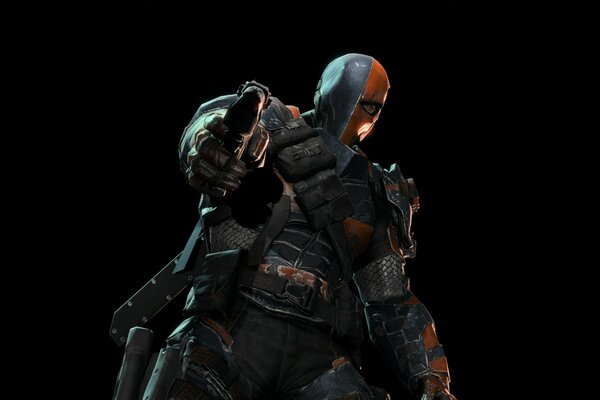 Deathstroke aims a shotgun on a black background