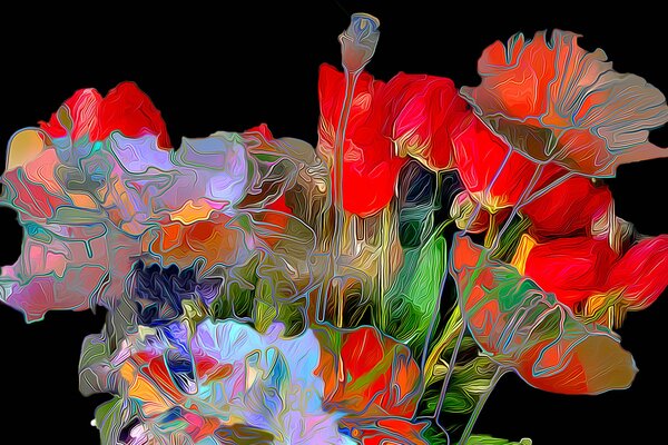 Fancy bouquet of poppies on a black background