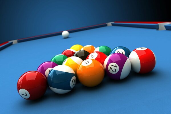 Billiard balls on the table with blue cloth