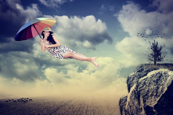 The Girl s flight from the mountain on an umbrella