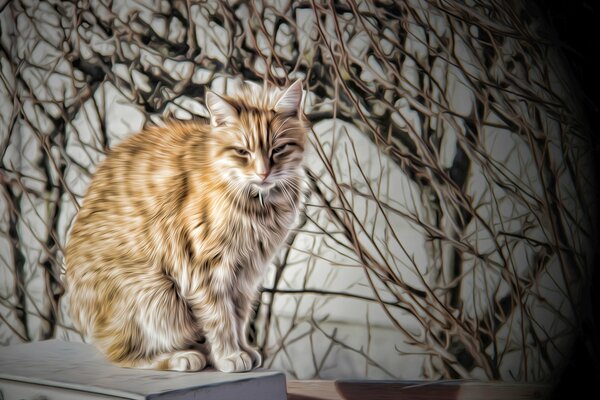 Un chat en colère assis à l extérieur et pense que ce