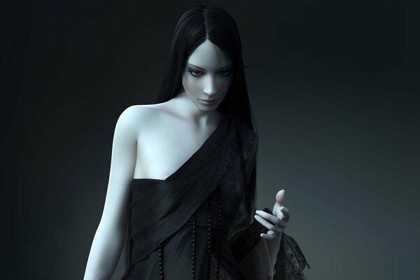 3D-девушка в черном платье тянется за клинком