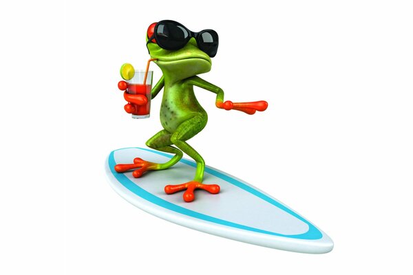 Frosch mit Brille auf dem Surfbrett in 3d