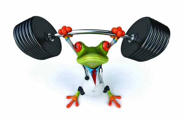 A frog in a medical gown lifts a barbell