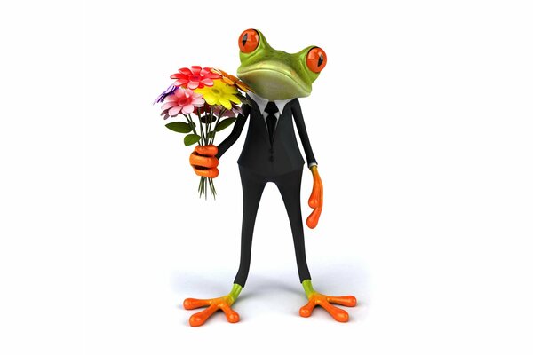 Elegant frog with a bouquet of flowers