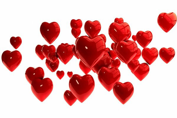 Lots of red hearts floating on a white background