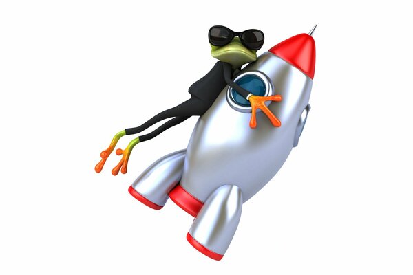 Frog in a suit and glasses on a rocket