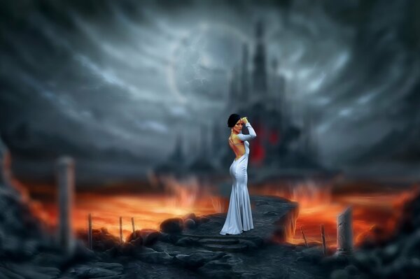 A girl in a beautiful dress on the background of a castle and lava