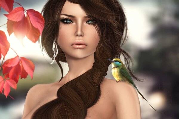 Brunette girl with a bird on her shoulder