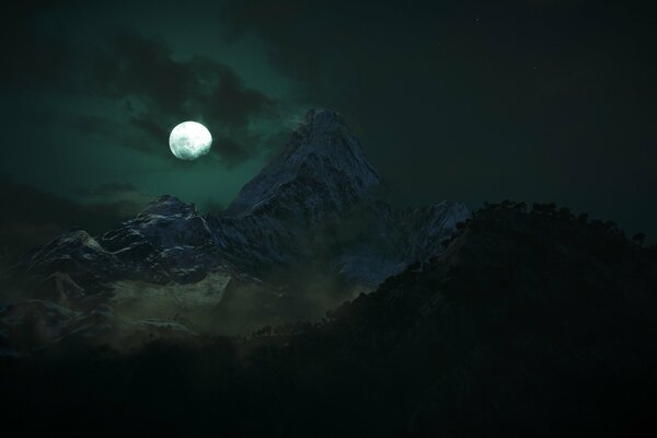 Moonlit night on the background of high rocks