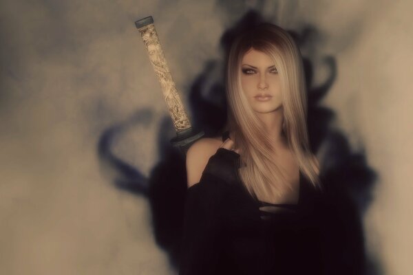 Blonde girl with a sword in a haze