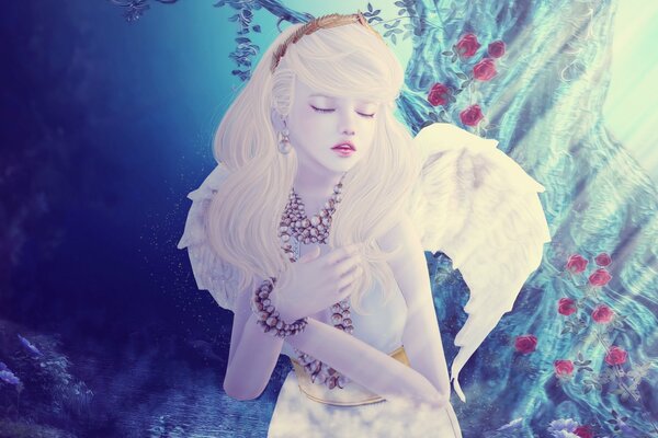 Blond dziewczyna z anielskimi skrzydłami