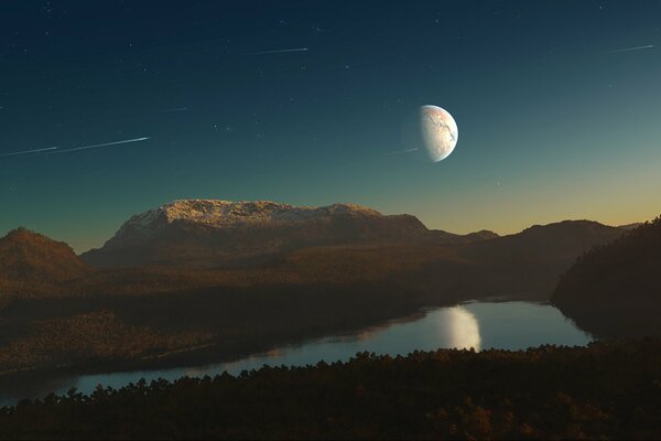 Nachtsee vor dem Hintergrund der Berge unter dem Mond