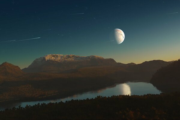 Night lake on the background of mountains under the moon