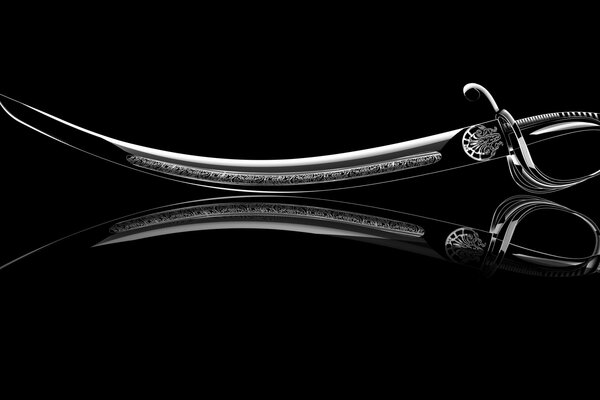 Large-format black wallpaper with the image of a sword and its reflection