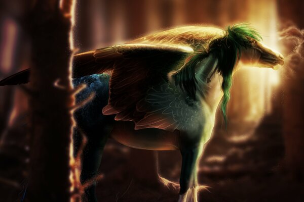 A fantastic horse with wings in the light