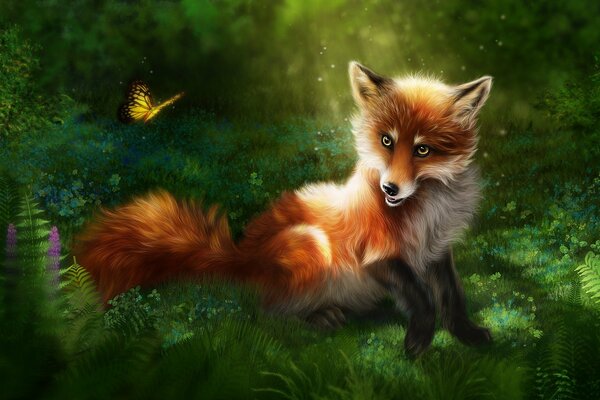 Le renard regarde jaune papillon