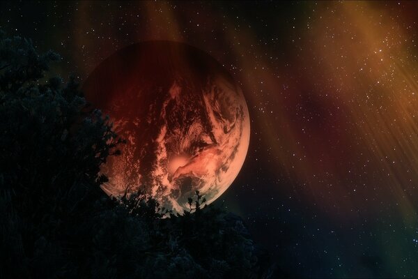 A planet in space in dark red lighting