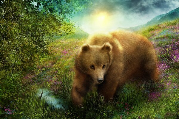 Bear in the forest among flowers