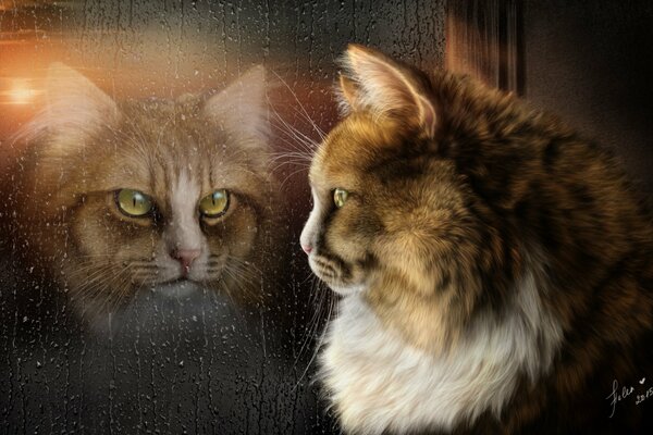 На мокром окне отражение кота