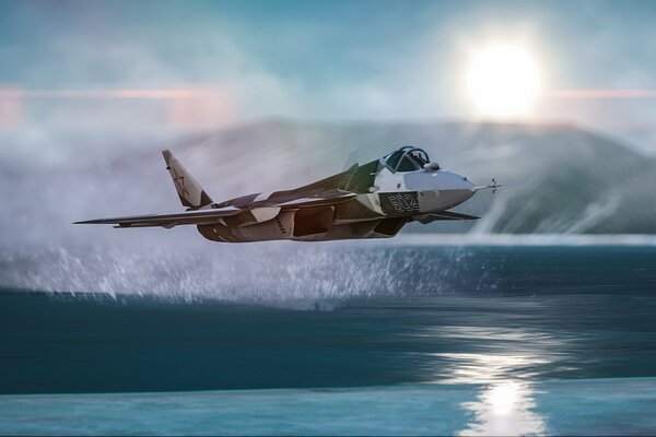 Splashes on the water during the flight of a fighter