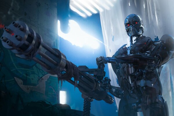 A fantastic cyborg terminator with a weapon