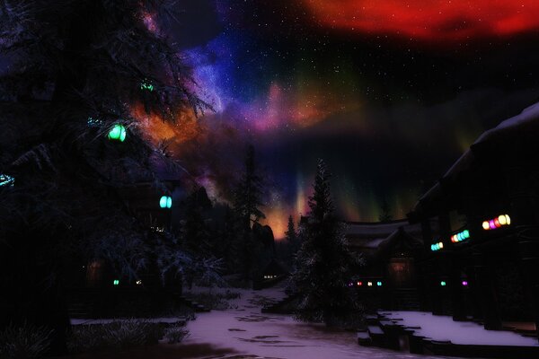 Aurora boreale sopra la foresta di abeti rossi e le cabine