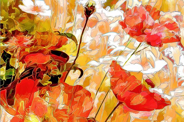 Flores de la pradera en la pintura de la lona