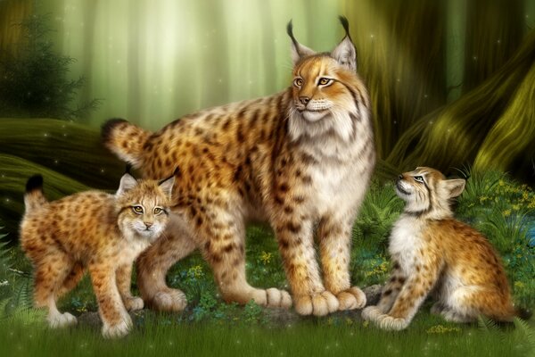 Lynx with kittens in the forest