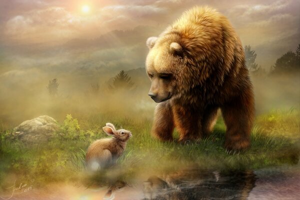 Orso e lepre si siedono pacificamente al mattino sul prato