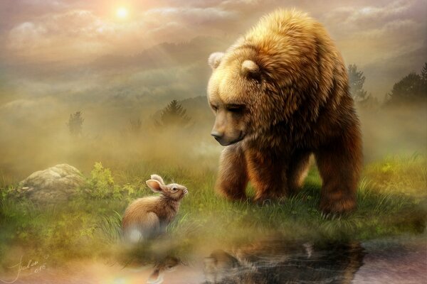 Медведь и заяц мирно сидят утром на лужайки