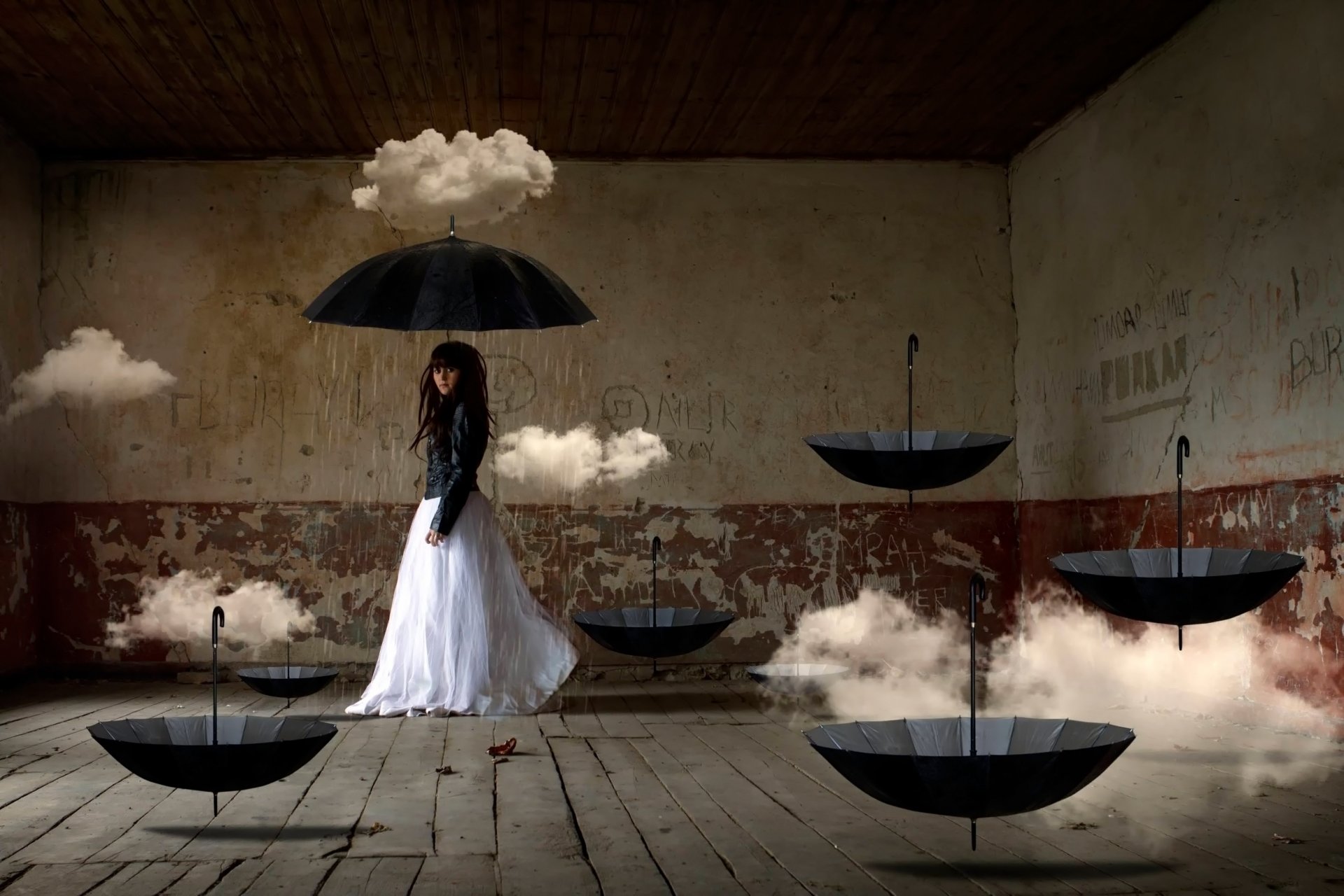 girl room clouds umbrellas art fantasy