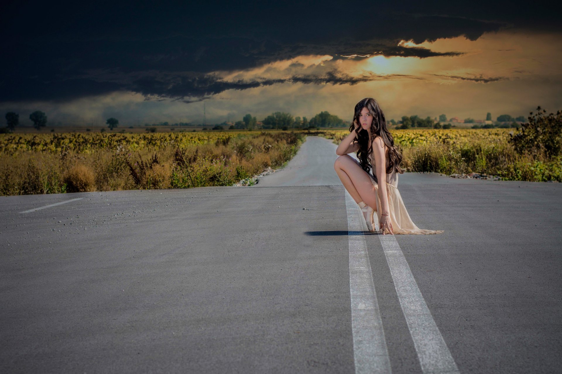 ballerina spitzenschuhe straße himmel mädchen wolken