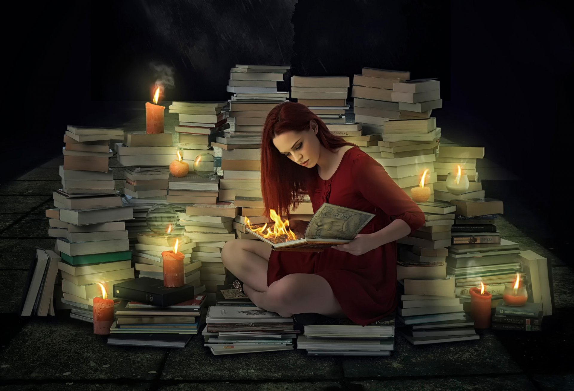 ragazza libri candele fuoco