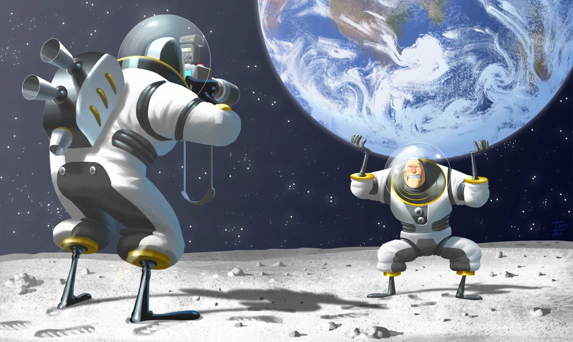 art space astronauts suit camera land moon pose humor