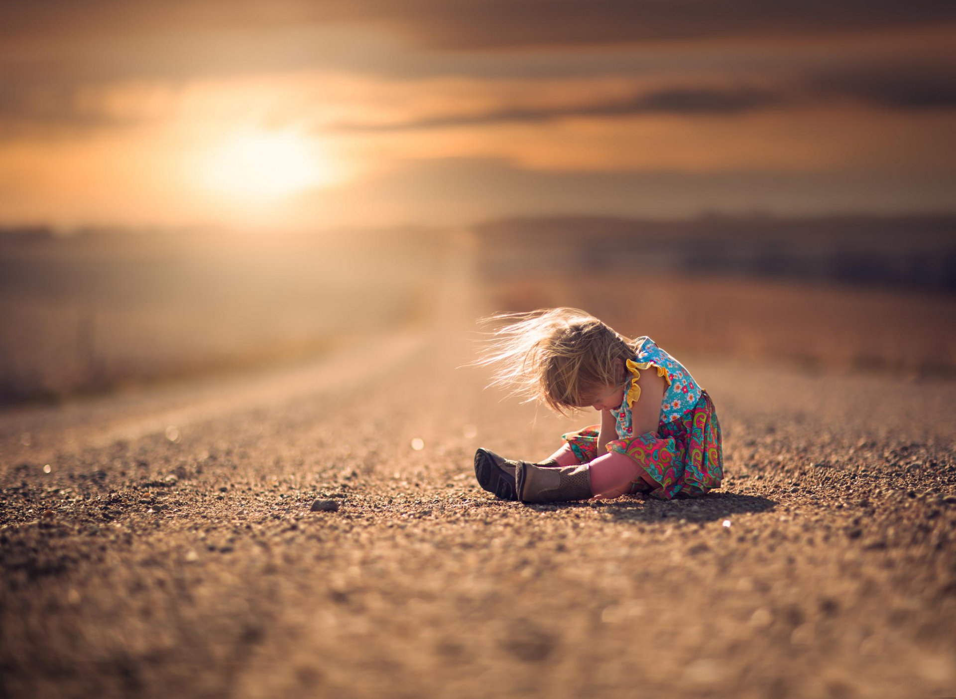 girl road wind dress boots bokeh