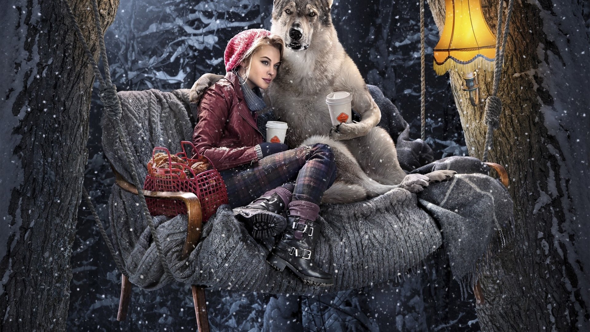 rotkäppchen wolf wald winter schaukel schnee umarmungen kaffee kuchen lampe