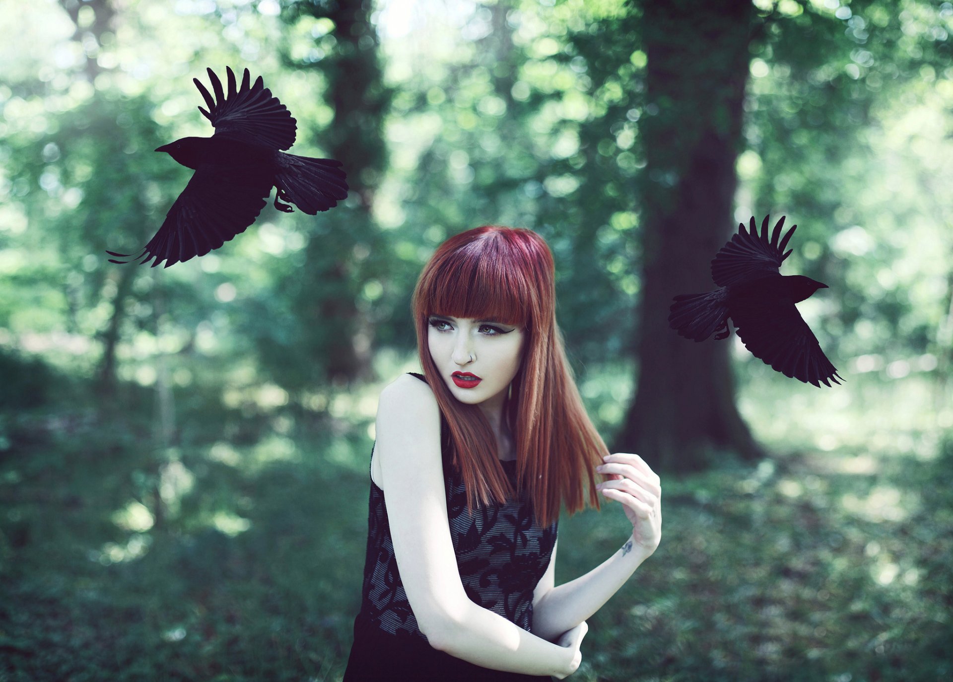 girl red hair birds raven