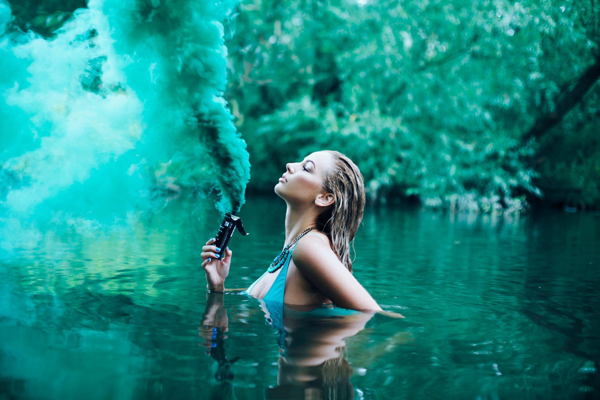 river in water girl smoke