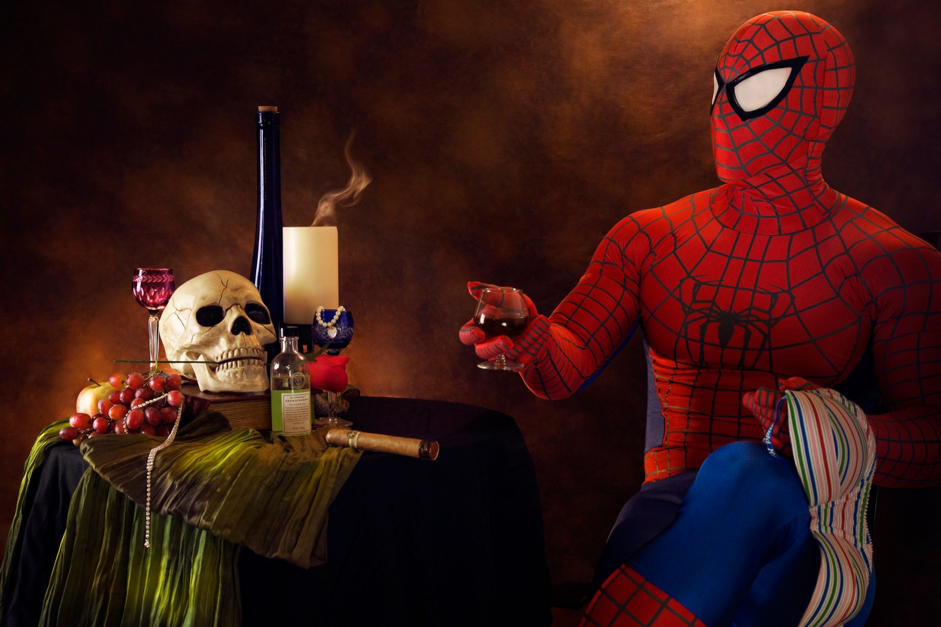 piderman drinking cigar skull humor