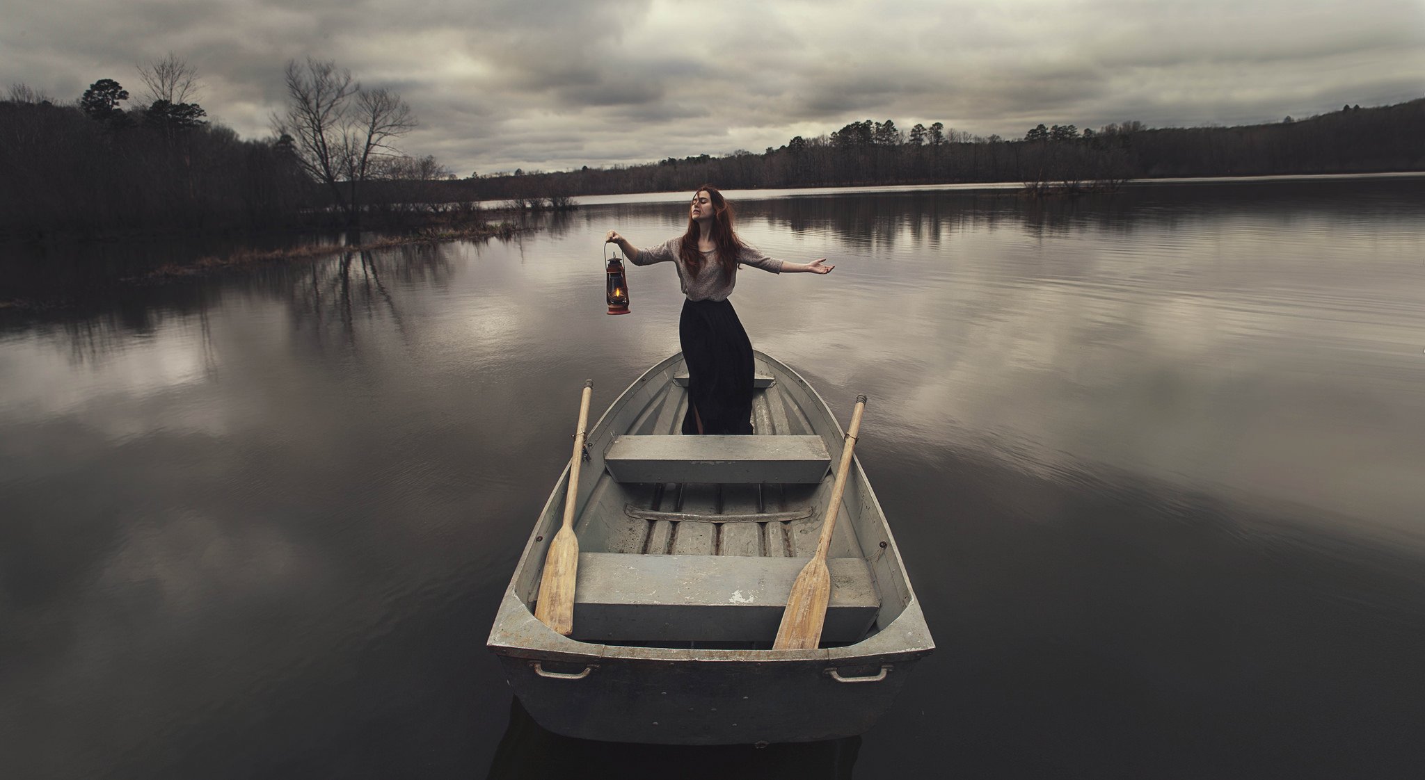 girl boat light lake