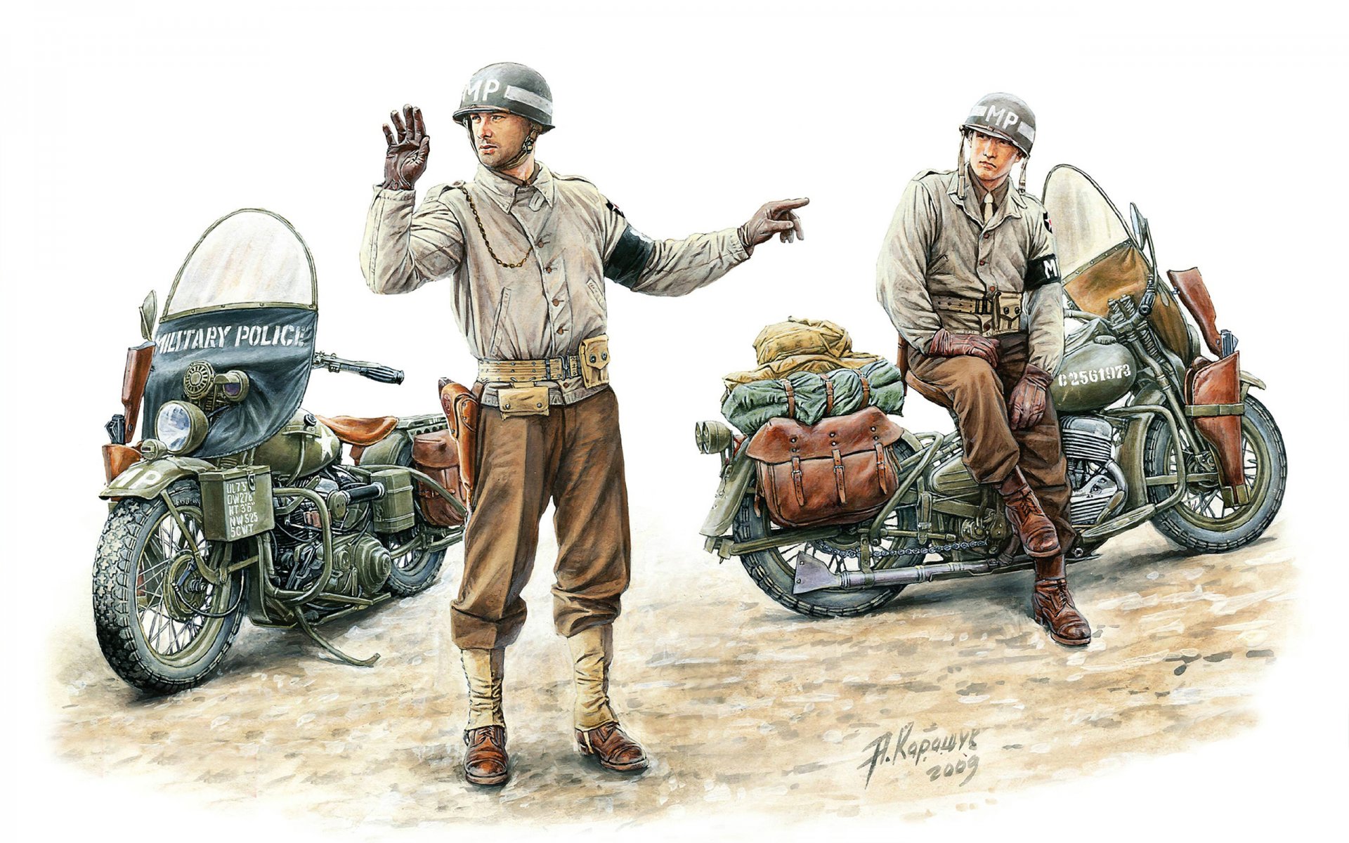 arte soldados ee.uu. policía militar americano militar policía 2ª infantería división en motocicletas harley-davidson wla modelo 1942g. ee.uu. artista a. karashuk