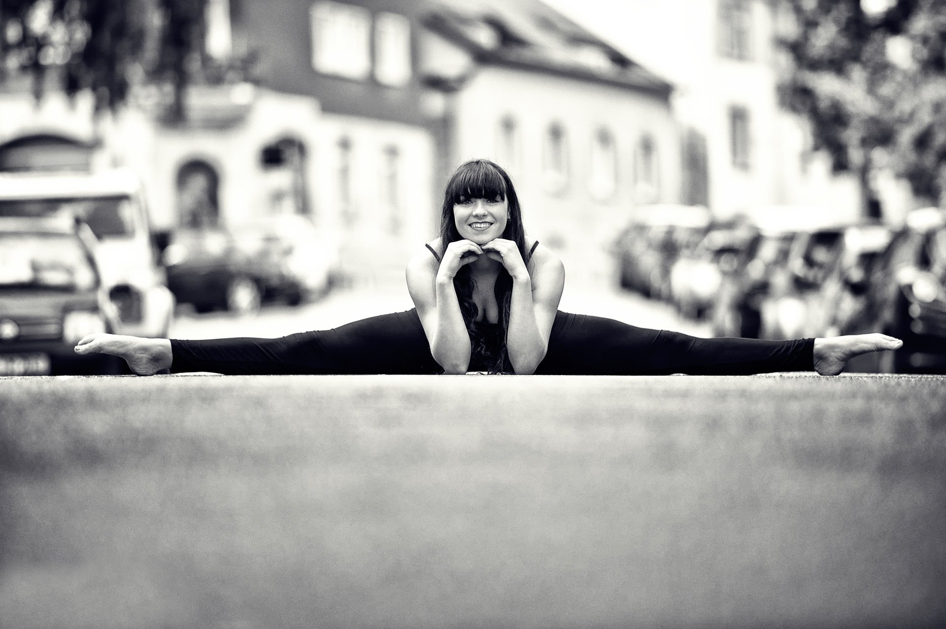 town street girl stretching twine barrier